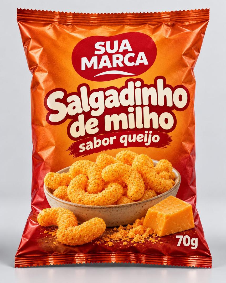 Pacote de salgadinho de milho sabor queijo, arte demonstrativa