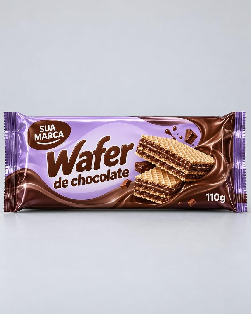 Embalagem flow pack de wafer de chocolate, arte demonstrativa