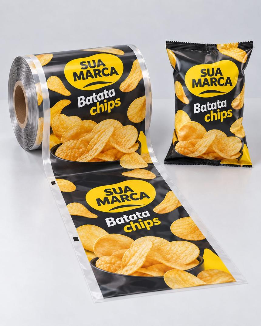 Bobina de filme impresso com arte de batata chips e pacotes prontos, arte demonstrativa