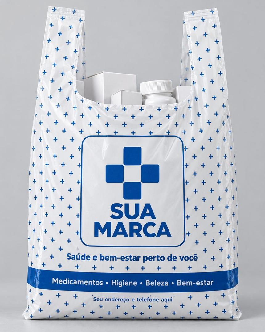 Sacola alça camiseta personalizada para farmácia, arte demonstrativa