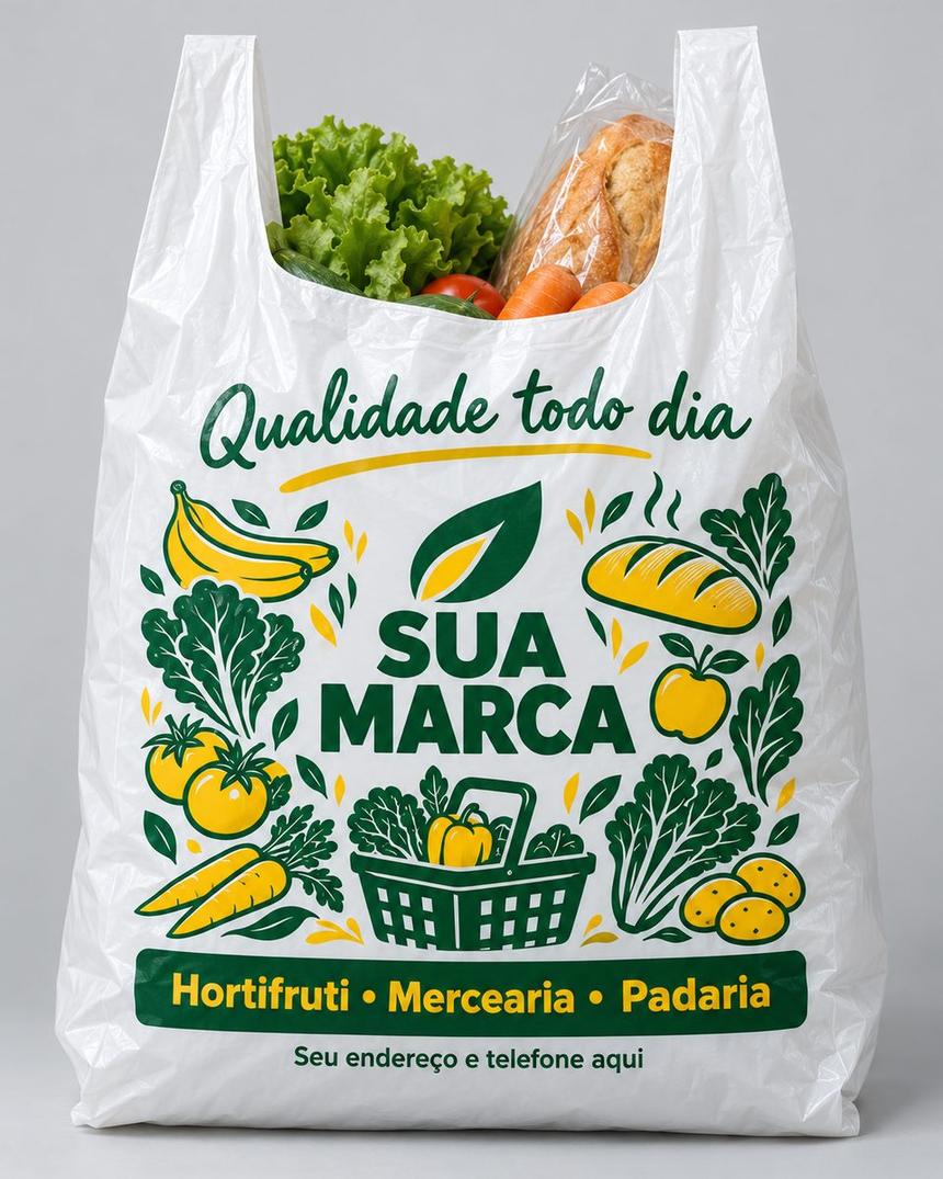 Sacola alça camiseta personalizada para mercado, arte demonstrativa