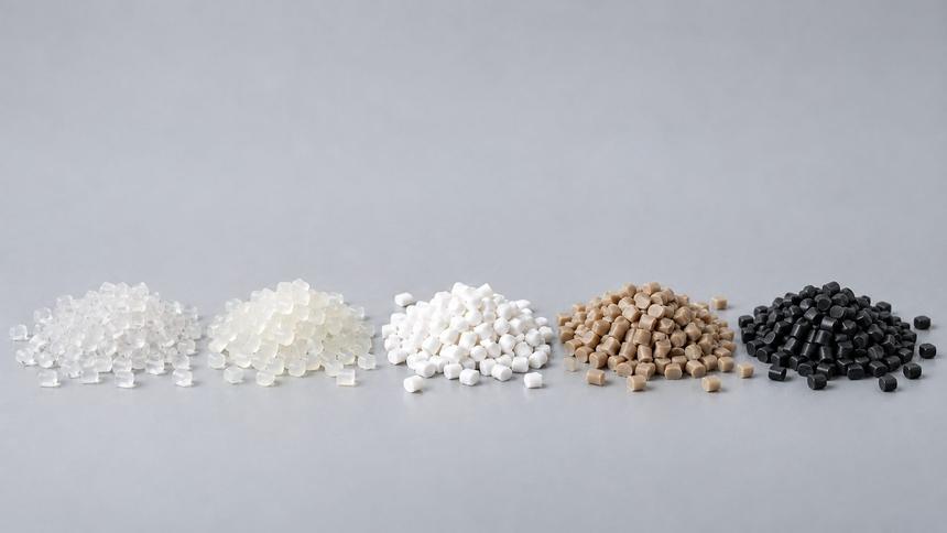 Cinco montes de pellets de resina em cores diferentes
